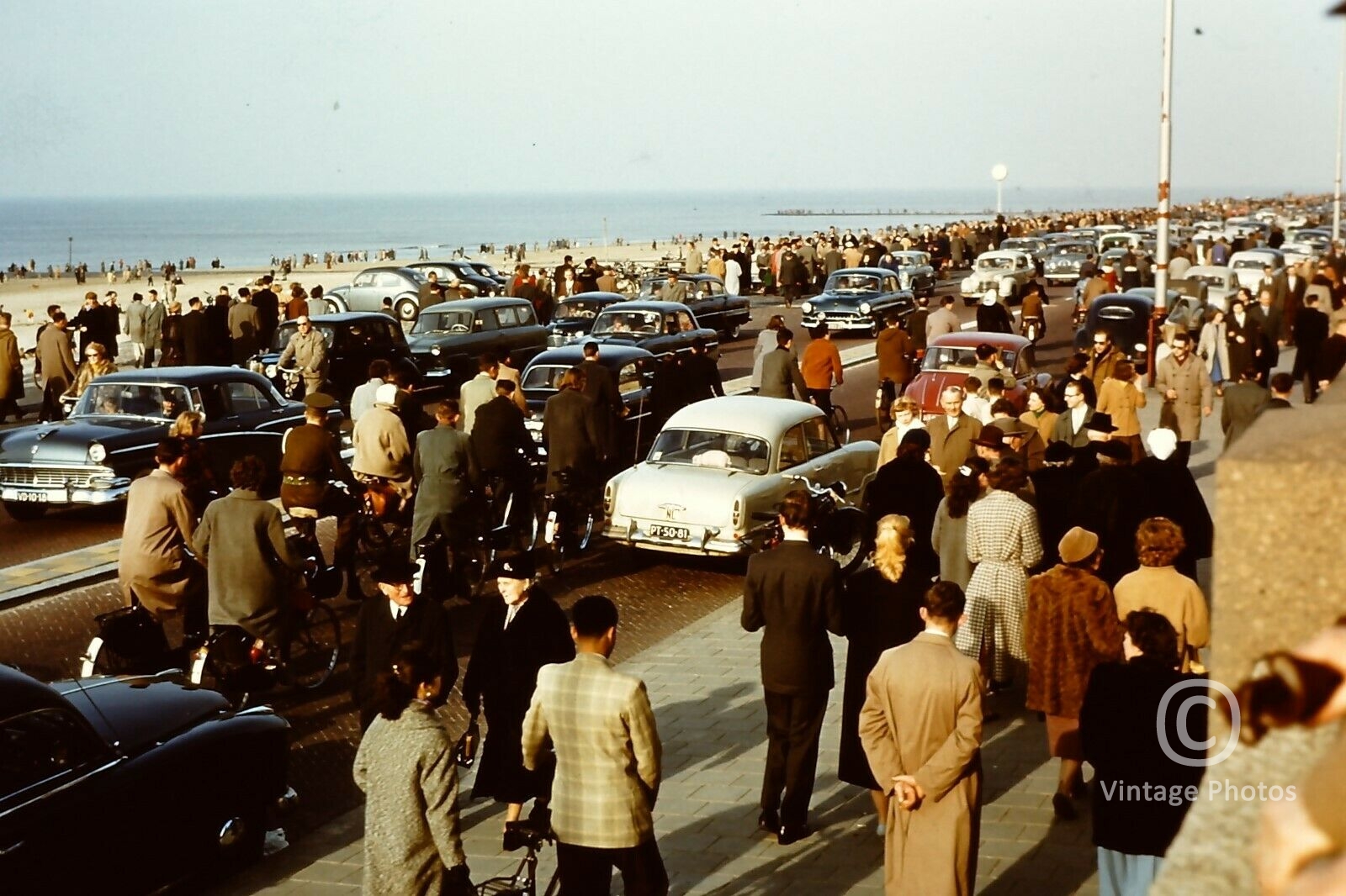 1950s Scheveningen Boulevard, Netherlands - People walking on Beach Front - Cars - Bicycles